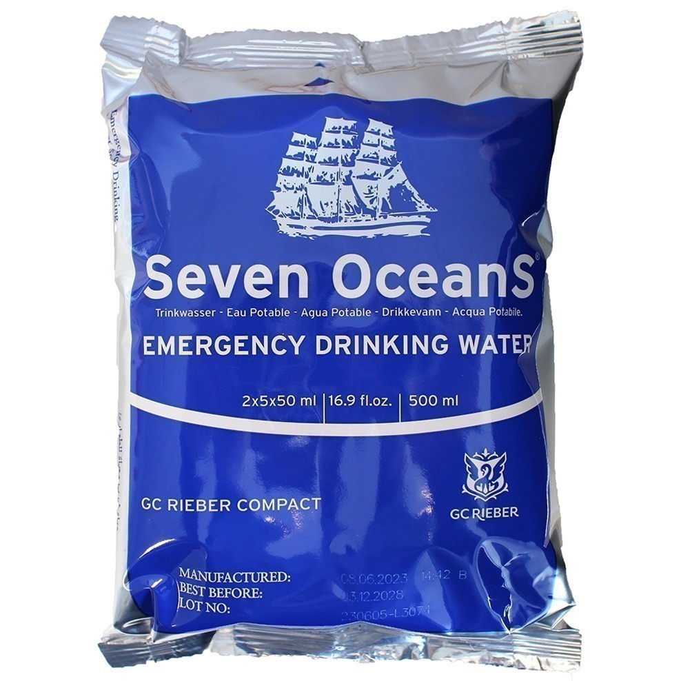 Seven Oceans emergency drinking water package on a white background