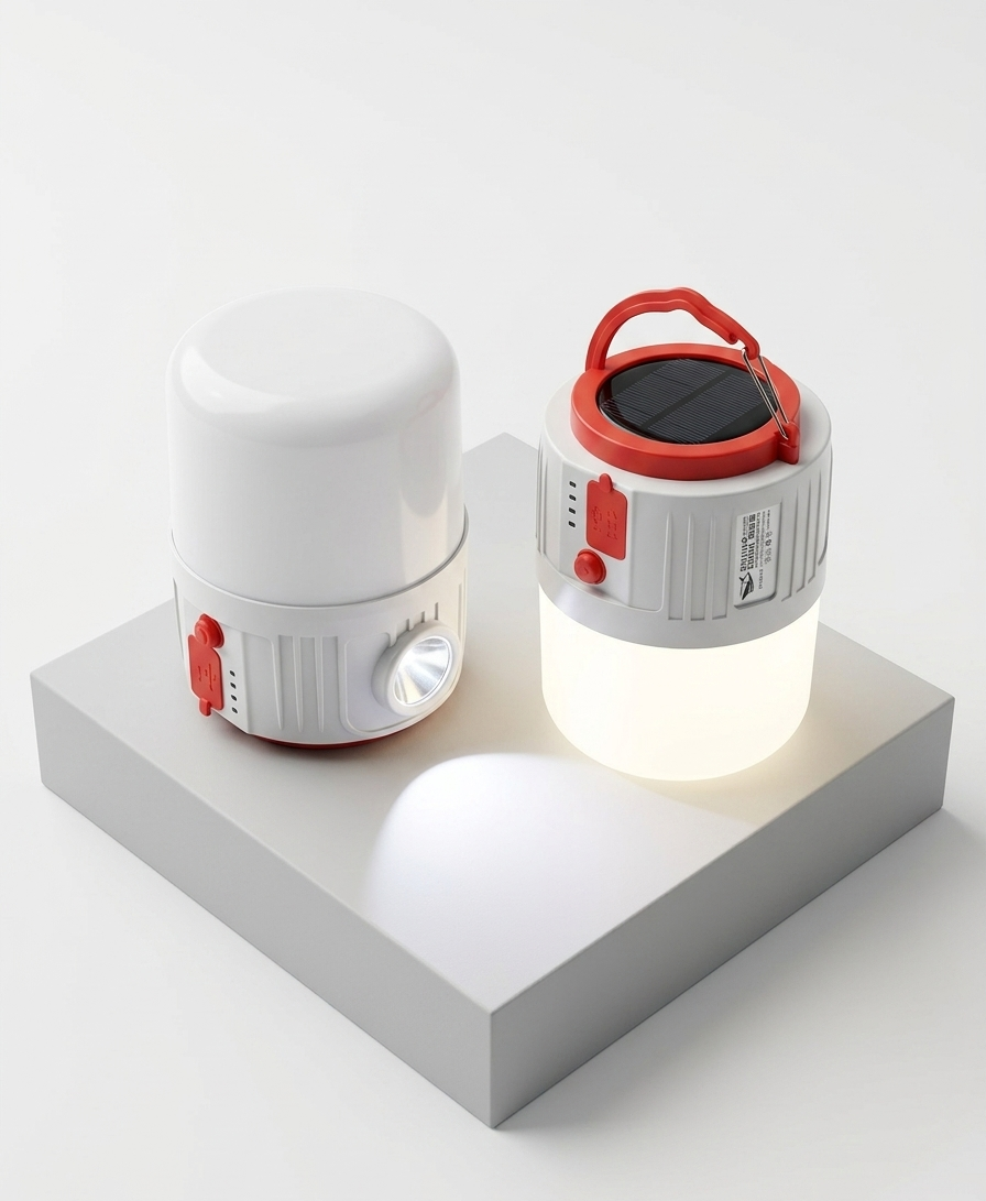 Two white and red portable lamps on a white platform with a white background