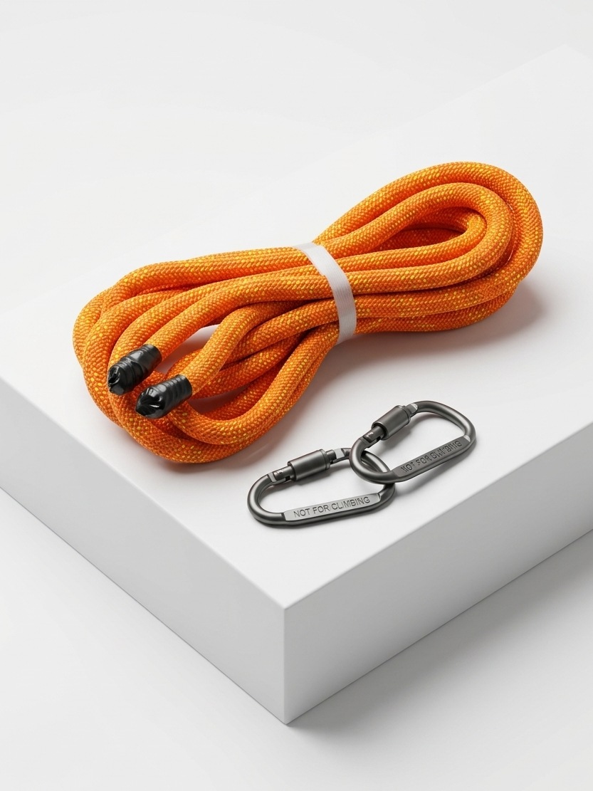 Orange utility rope with black carabiners — emergency kit component