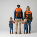Family of four wearing orange and black backpacks with 'ReadySet' branding on a gray background.
